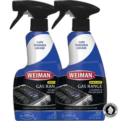 Weiman gas range cleaner bottle restoring a gleaming stovetop surface.