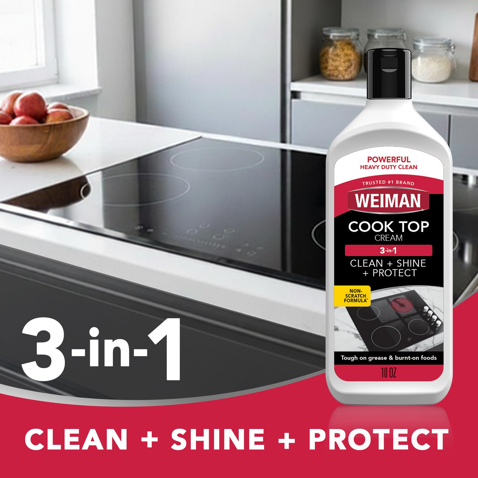 Weiman Glass Induction Cleaner Bottle keeps glass smooth and streak-free after use.