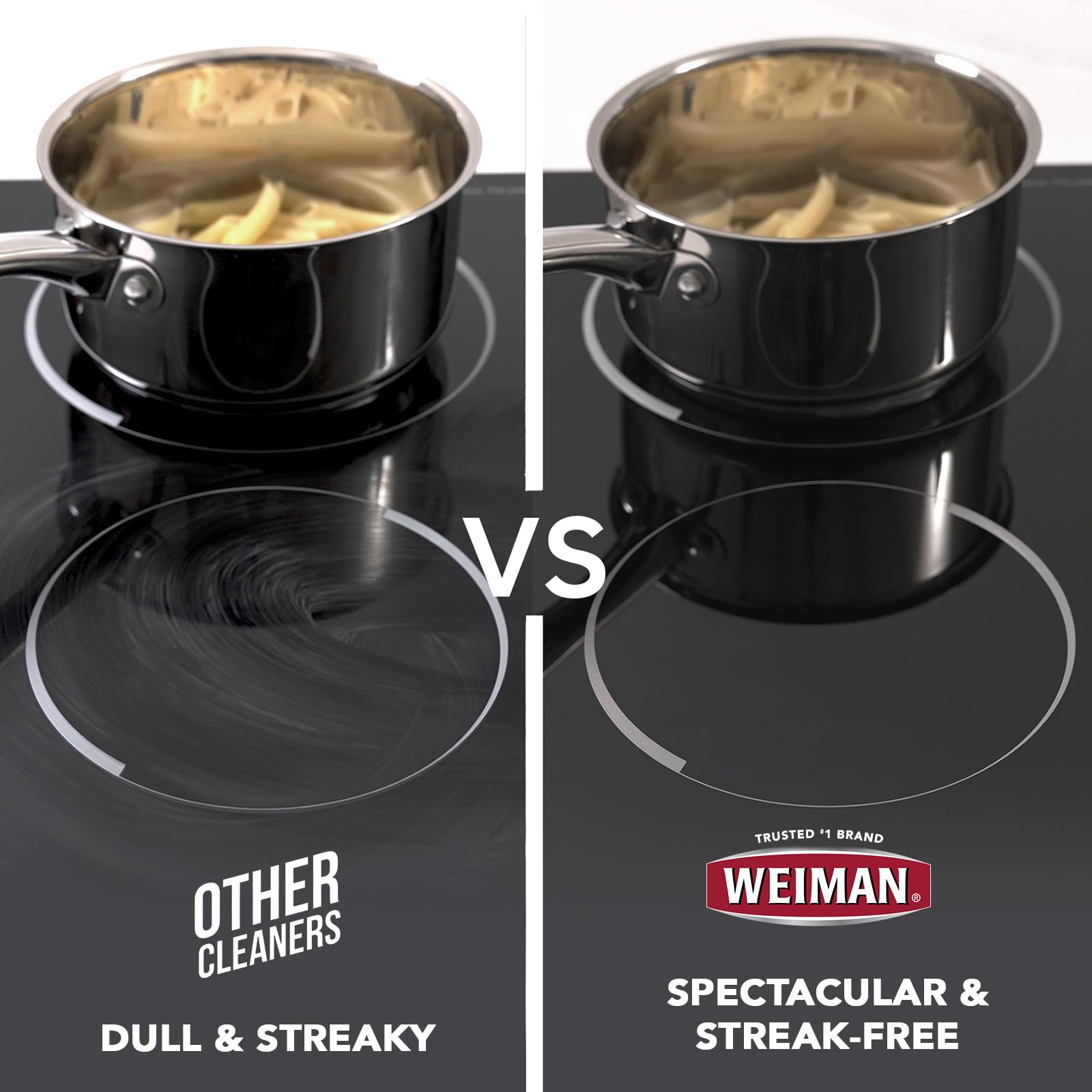 Weiman Glass Stovetop Surface Use illustrates safe cleaning on glass surfaces.