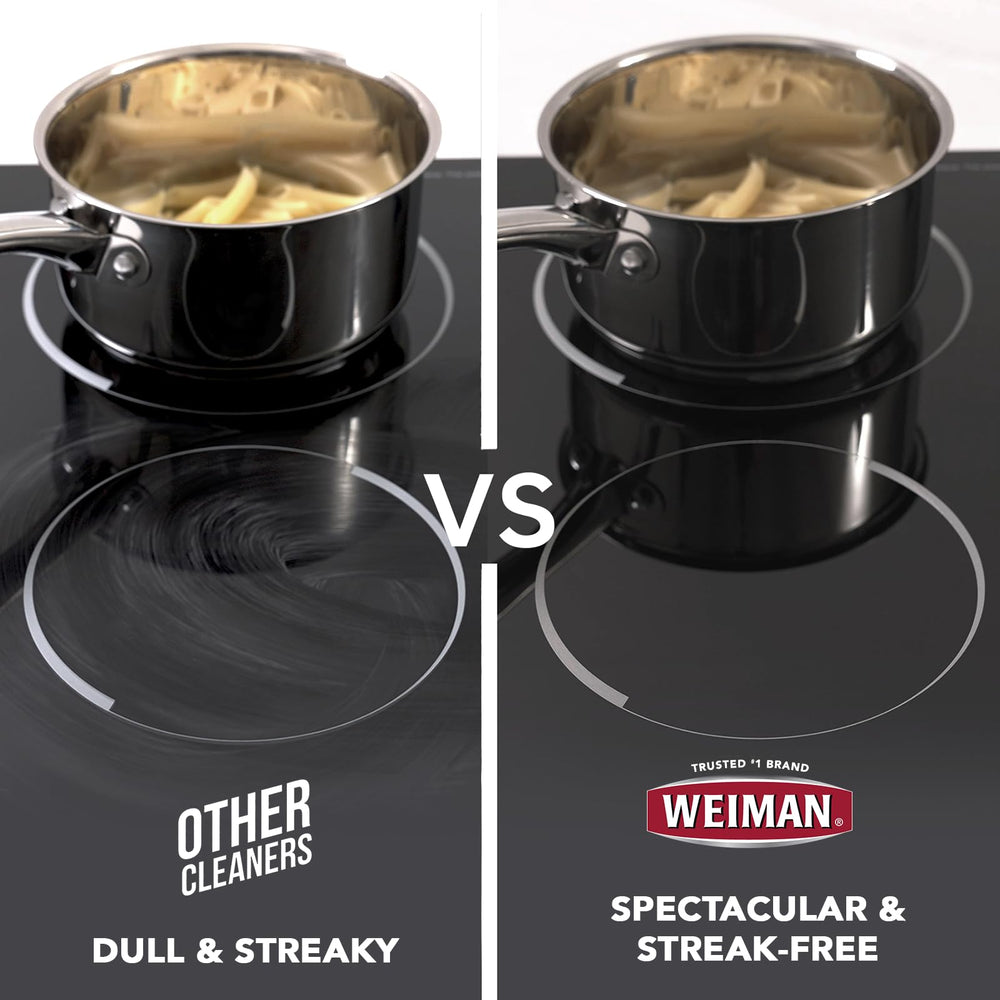 Weiman Glass Stovetop Surface Use illustrates safe cleaning on glass surfaces.
