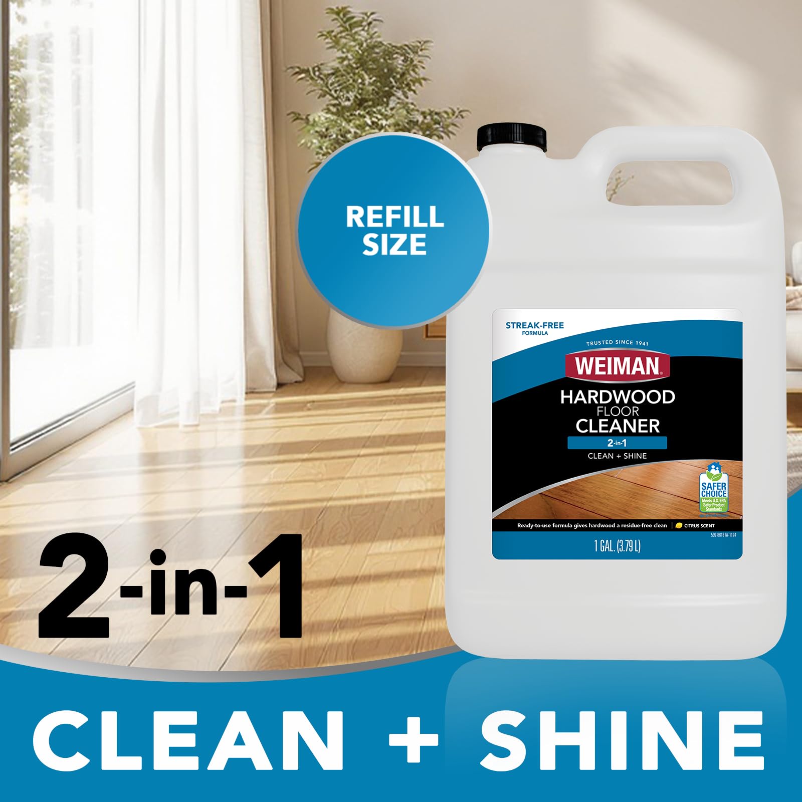 Weiman hardwood floor cleaner label closeup, plant-based formula supports safe daily use.
