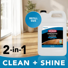 Weiman hardwood floor cleaner label closeup, plant-based formula supports safe daily use.