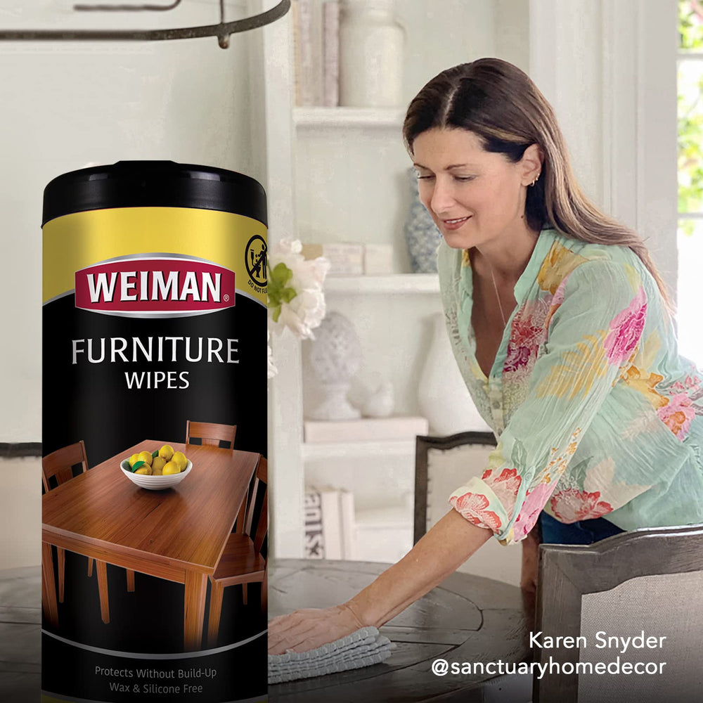Weiman on kitchen cabinets, efficient cleaning for large surfaces and even coverage.