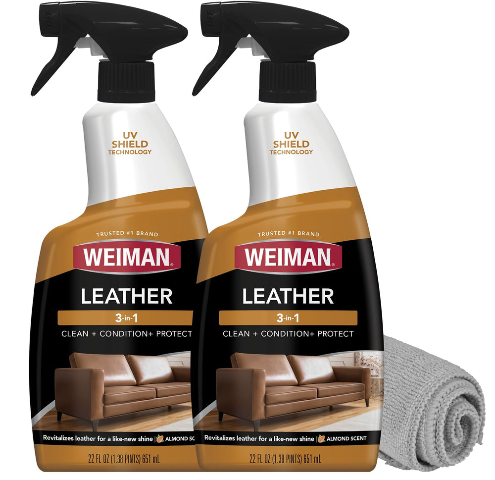 Weiman Leather Cleaner bottle front for easy maintenance of finished leather.