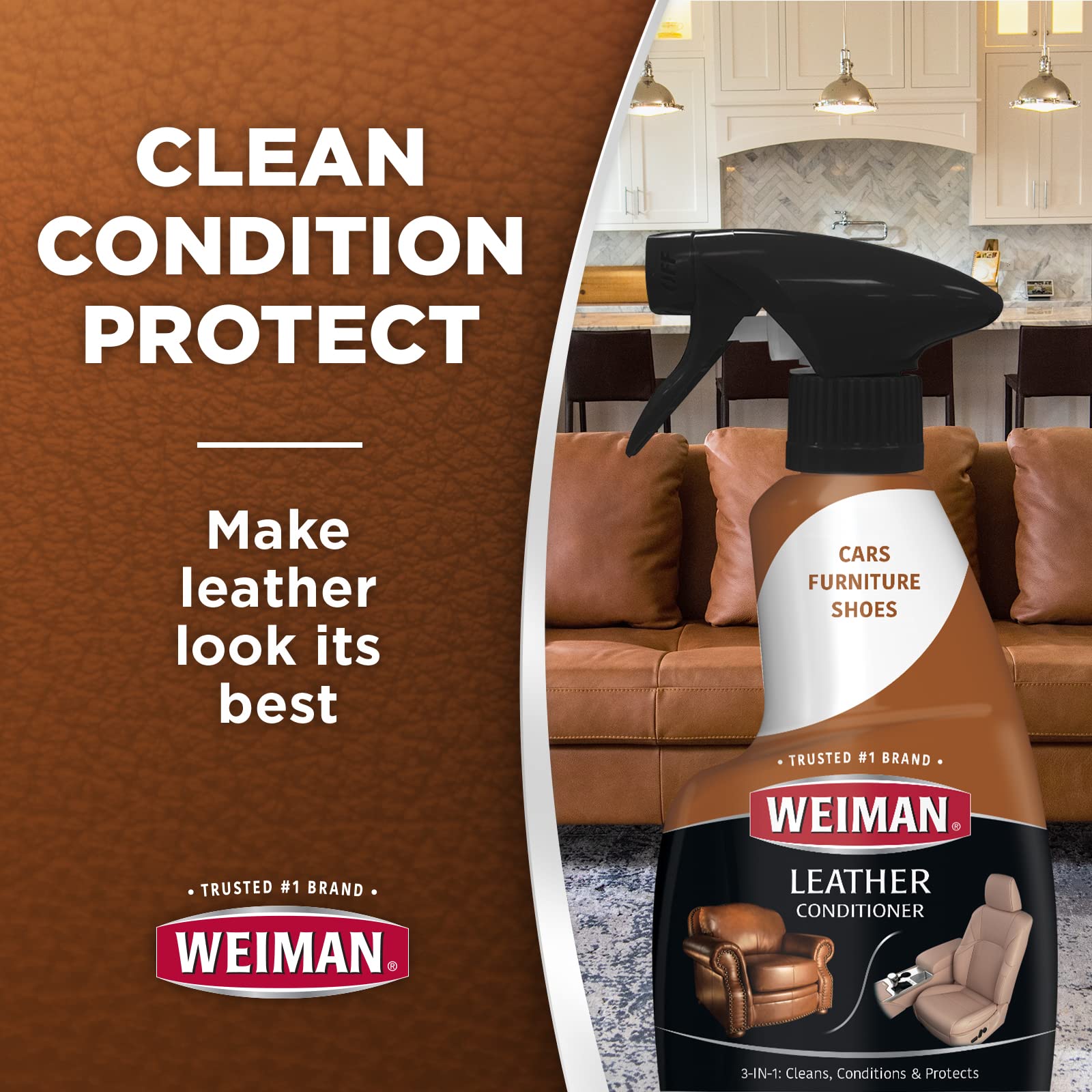 Weiman Leather Cleaner bottle pour demonstrates quick, even application for leather care.