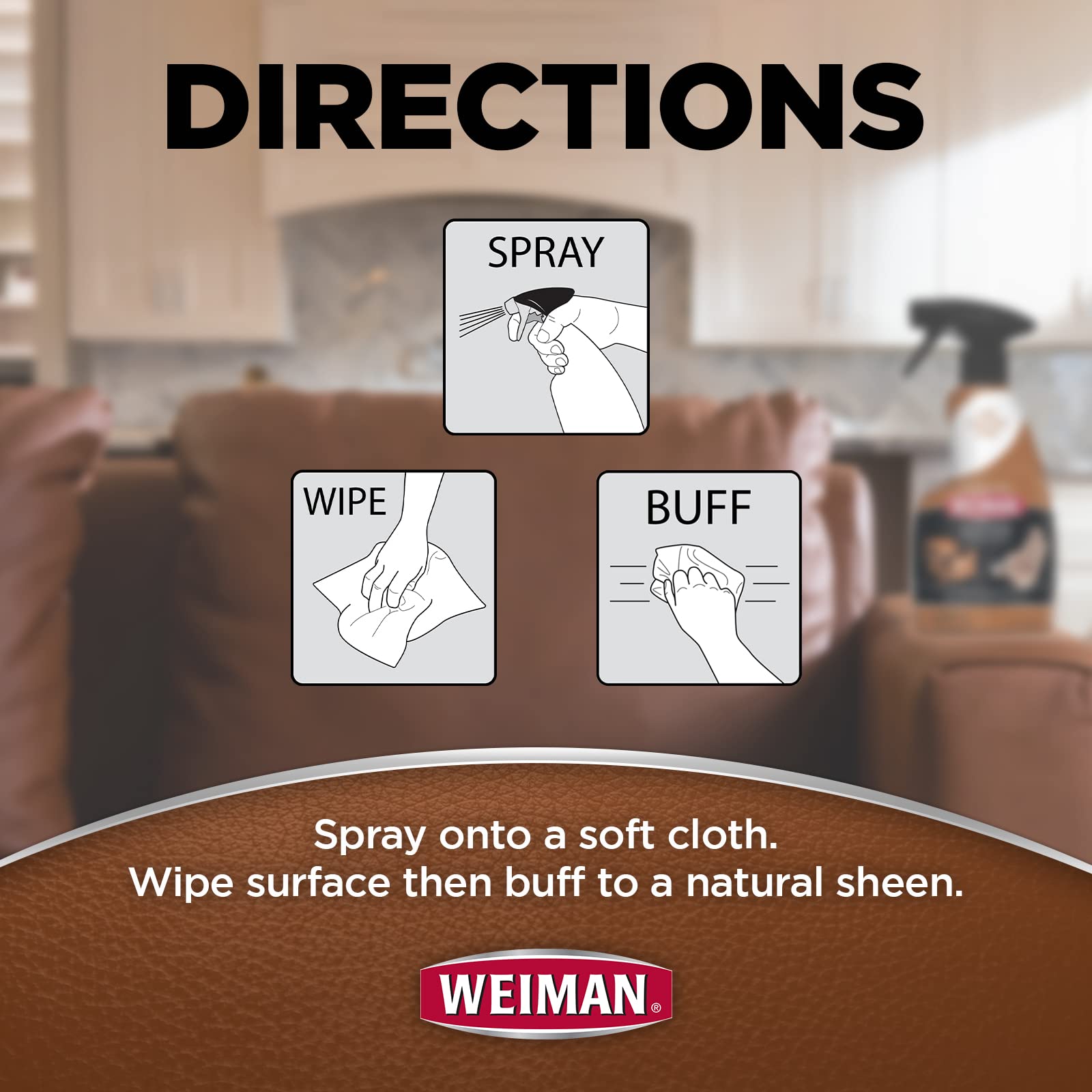 Weiman Leather Cleaner sofa close-up reveals refreshed leather beauty and suppleness.