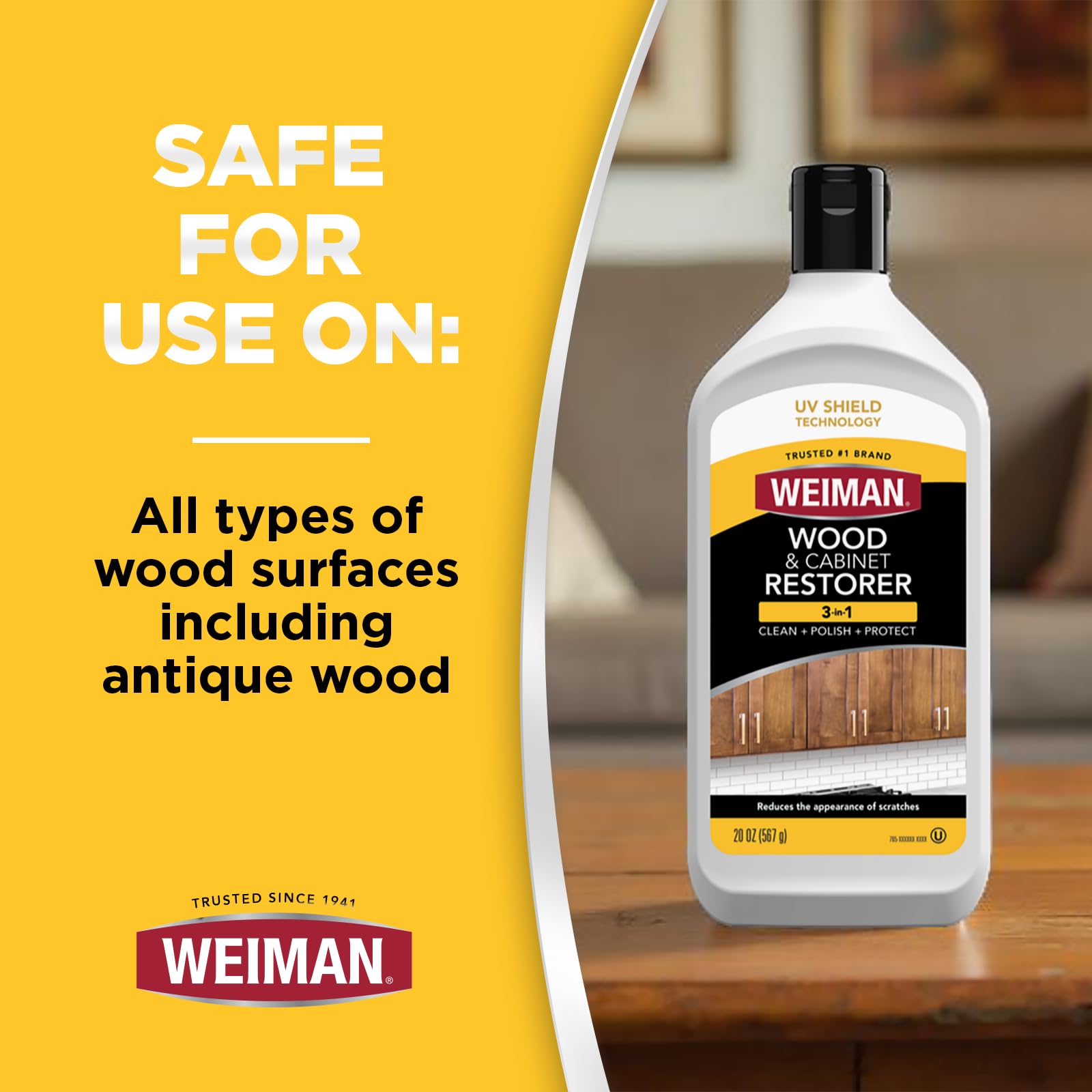 Weiman natural shine wood polish on a polished surface for a bright finish.