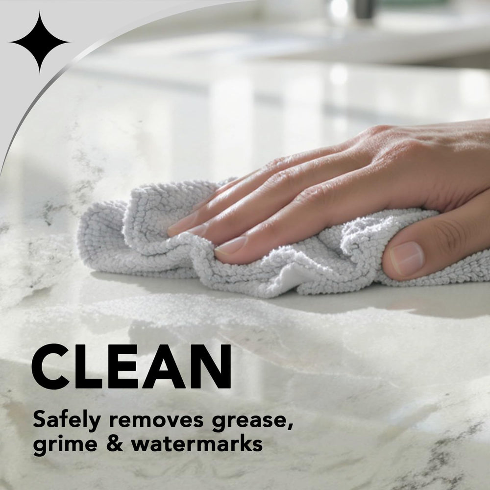 Weiman quartz cleaner application on countertop demonstrates even coverage.
