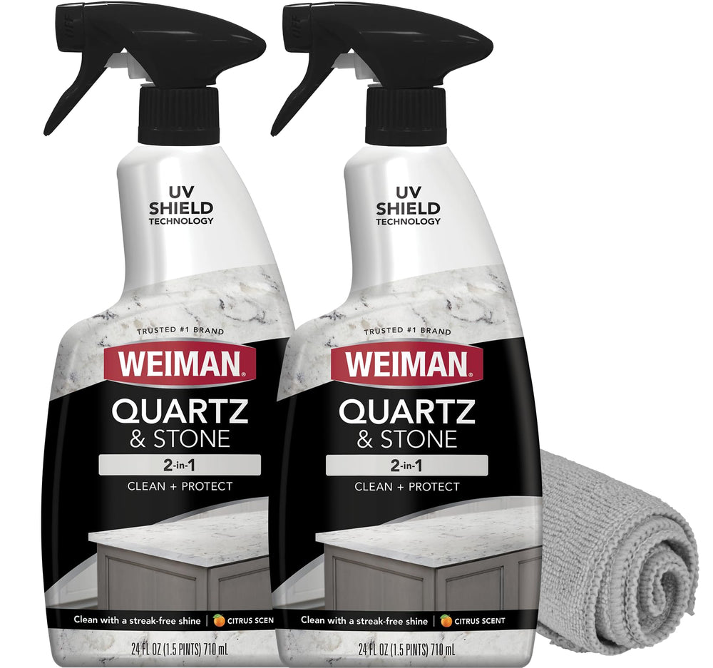 Weiman quartz cleaner bottle pour demonstrates easy countertop application and shine.