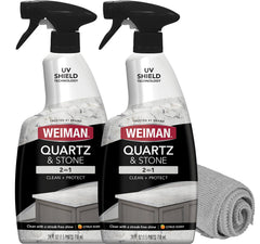 Weiman quartz cleaner bottle pour demonstrates easy countertop application and shine.