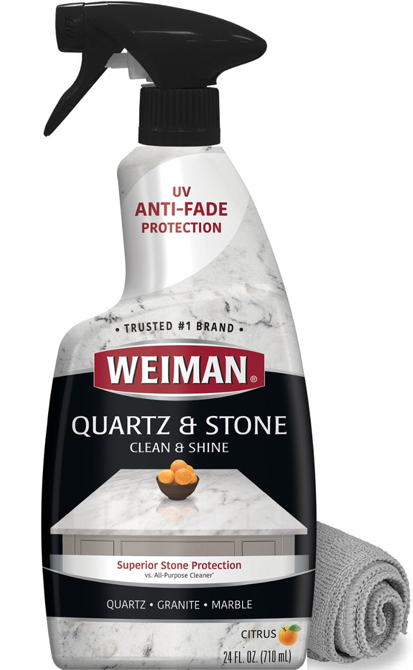 Weiman Quartz Countertop Cleaner bottle with citrus scent suggesting a bright clean finish