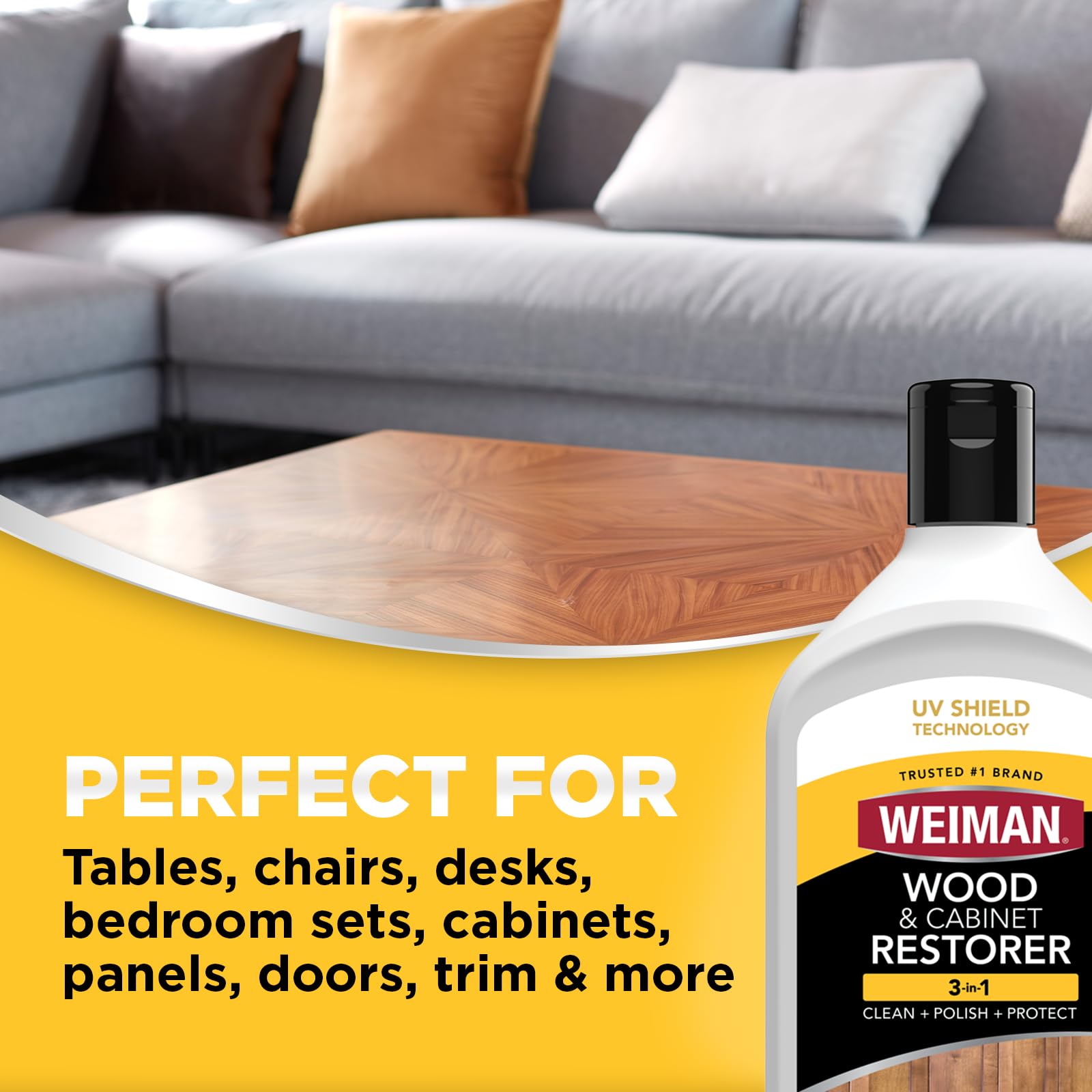 Weiman residue-free formula highlights streak-free wood surfaces.