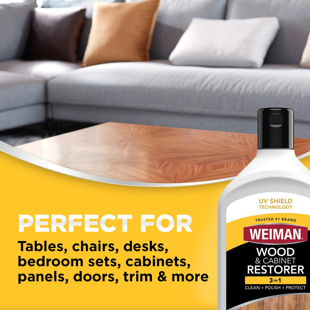 Weiman residue-free formula highlights streak-free wood surfaces.
