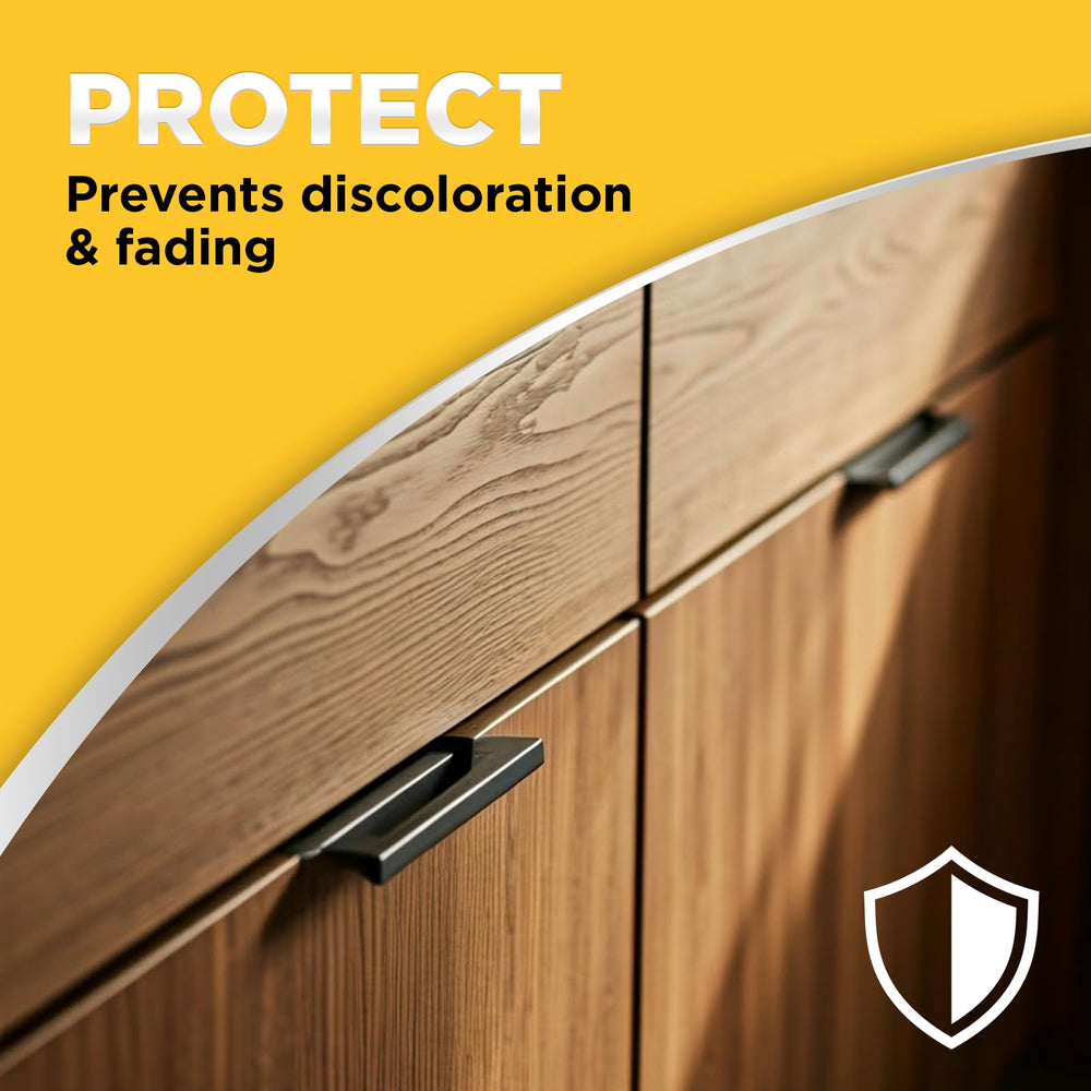 Weiman scratch-reduction on wood finish shows fewer visible scratches.