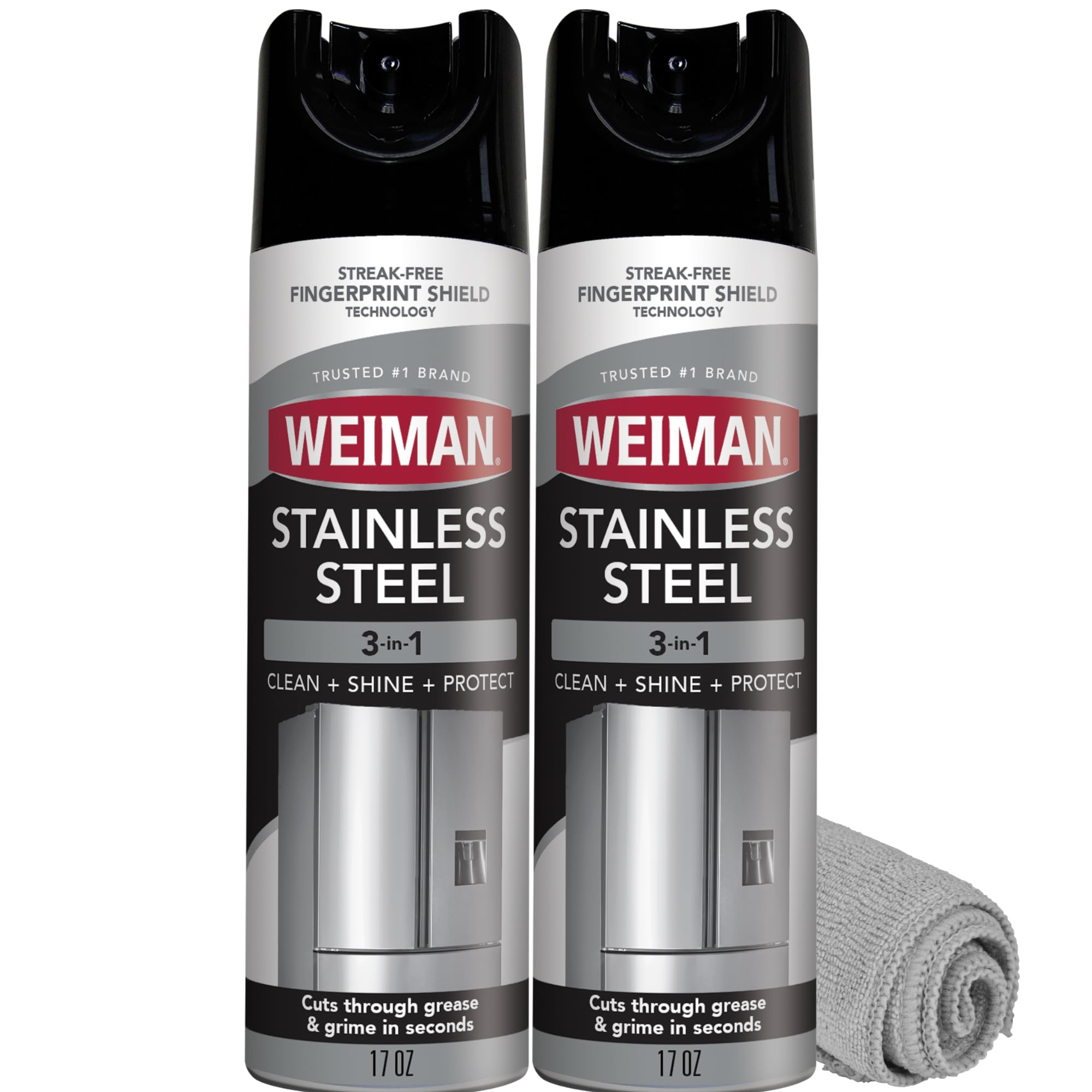 Weiman stainless steel cleaner bottle polishing a surface for streak-free shine