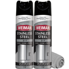 Weiman stainless steel cleaner bottle polishing a surface for streak-free shine