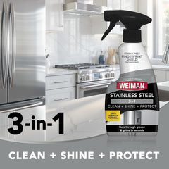 Weiman stainless steel cleaner with cloth wipe for gentle polishing