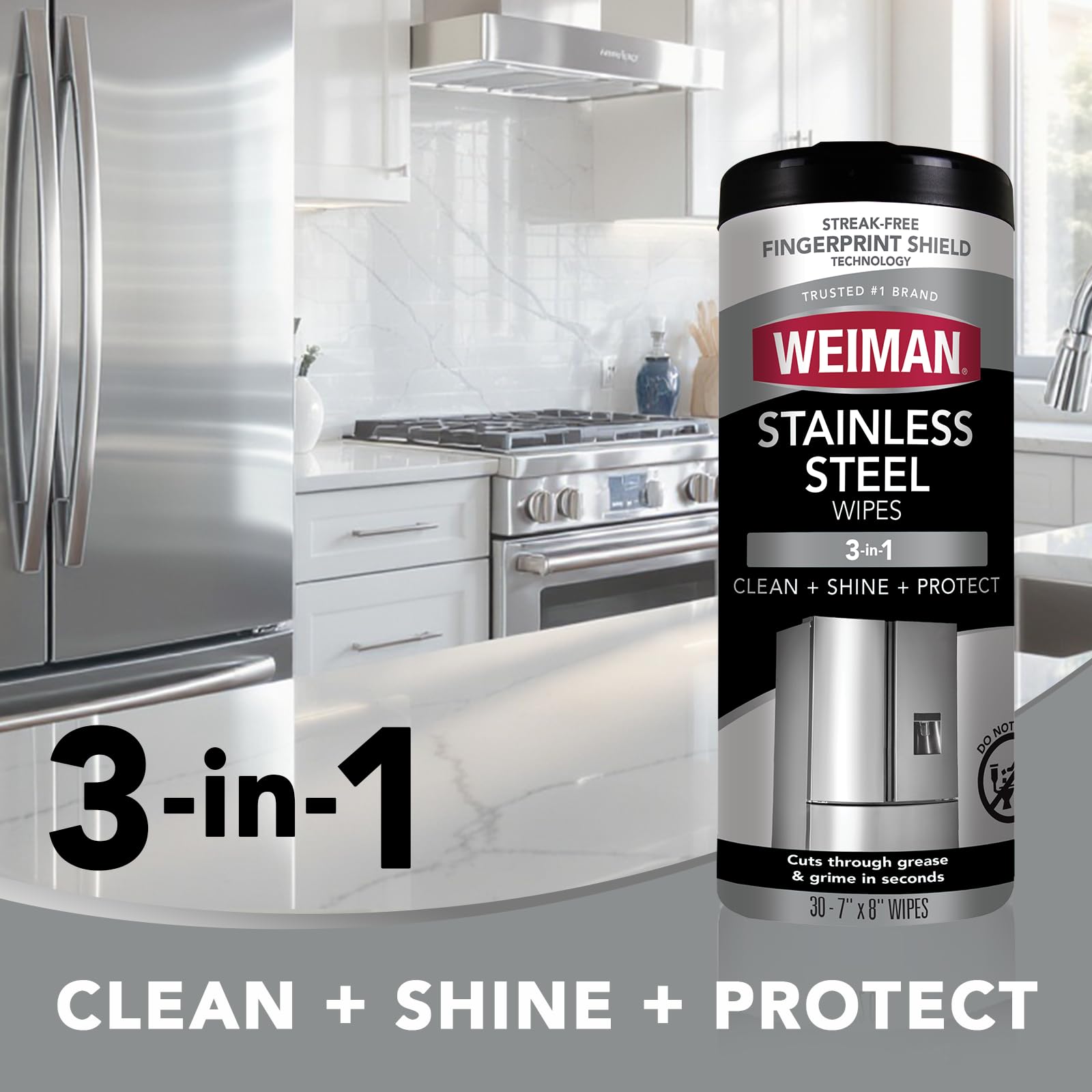 Weiman stainless steel cleaner kit contents for easy no-rinse cleaning and touch-ups.