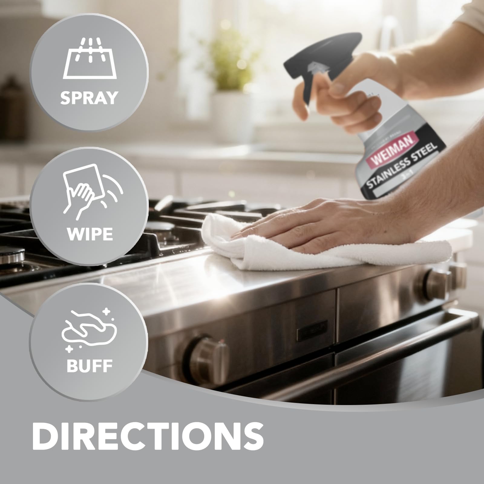 Weiman stainless steel polish creates light-reflecting shine on metal surfaces
