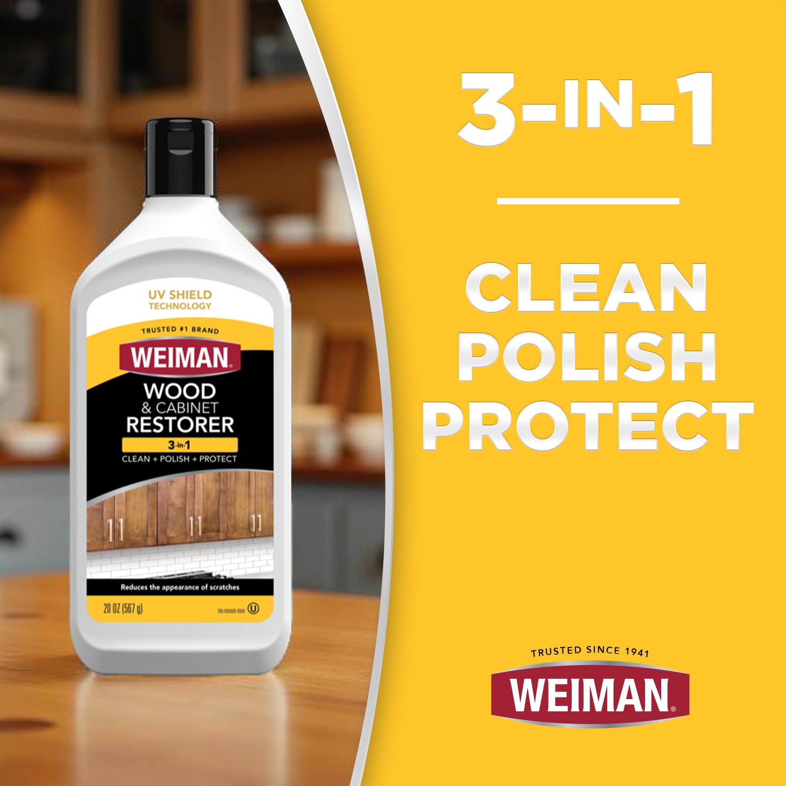 Weiman bottle showing UV shield technology for wood protection from sun damage.