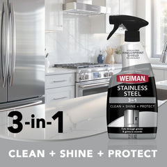 Weiman water spots remover reduces marks on stainless surfaces.