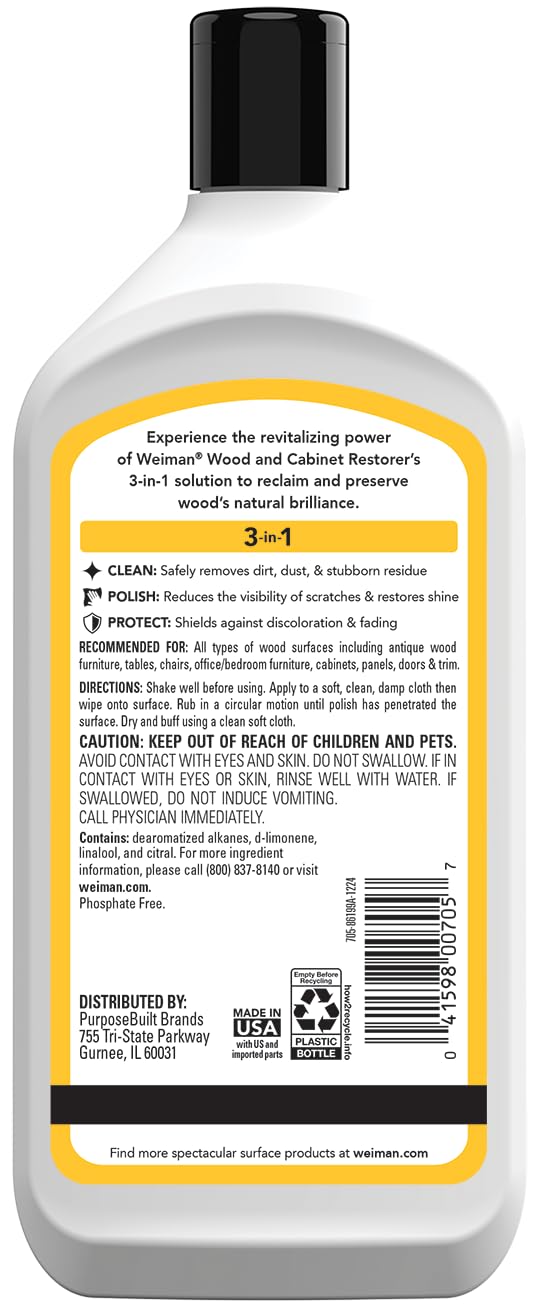 Weiman wood cleaner-polish bottle with cloth demonstrates simple wood care.