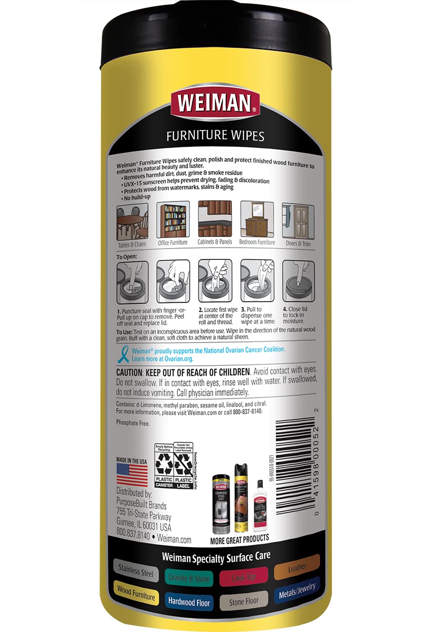 Weiman Wood Cleaner Wipes in use, cleaning and conditioning to restore natural luster.