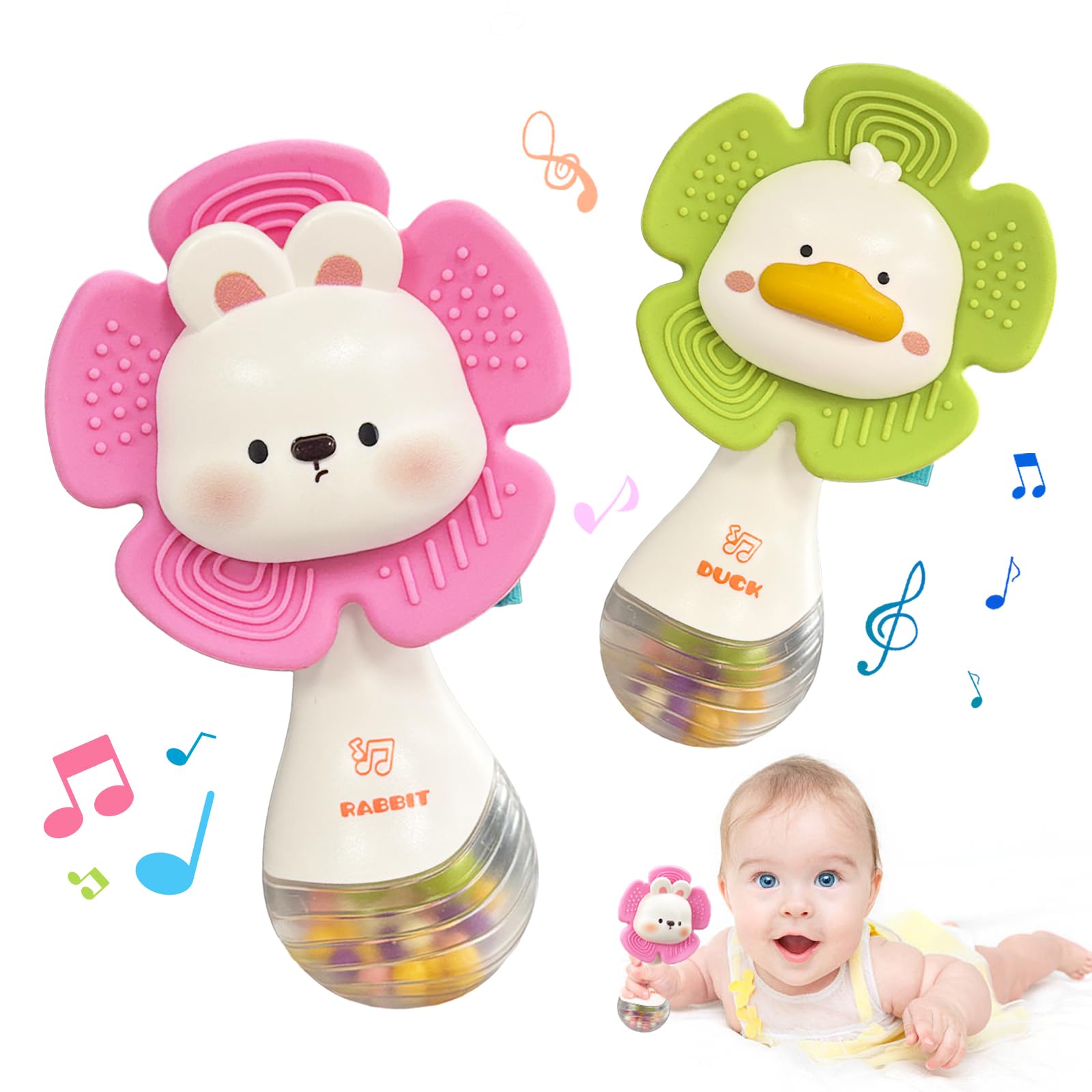 Weirtoya baby rattle teether in duck and bunny design stimulates grasping and hearing.