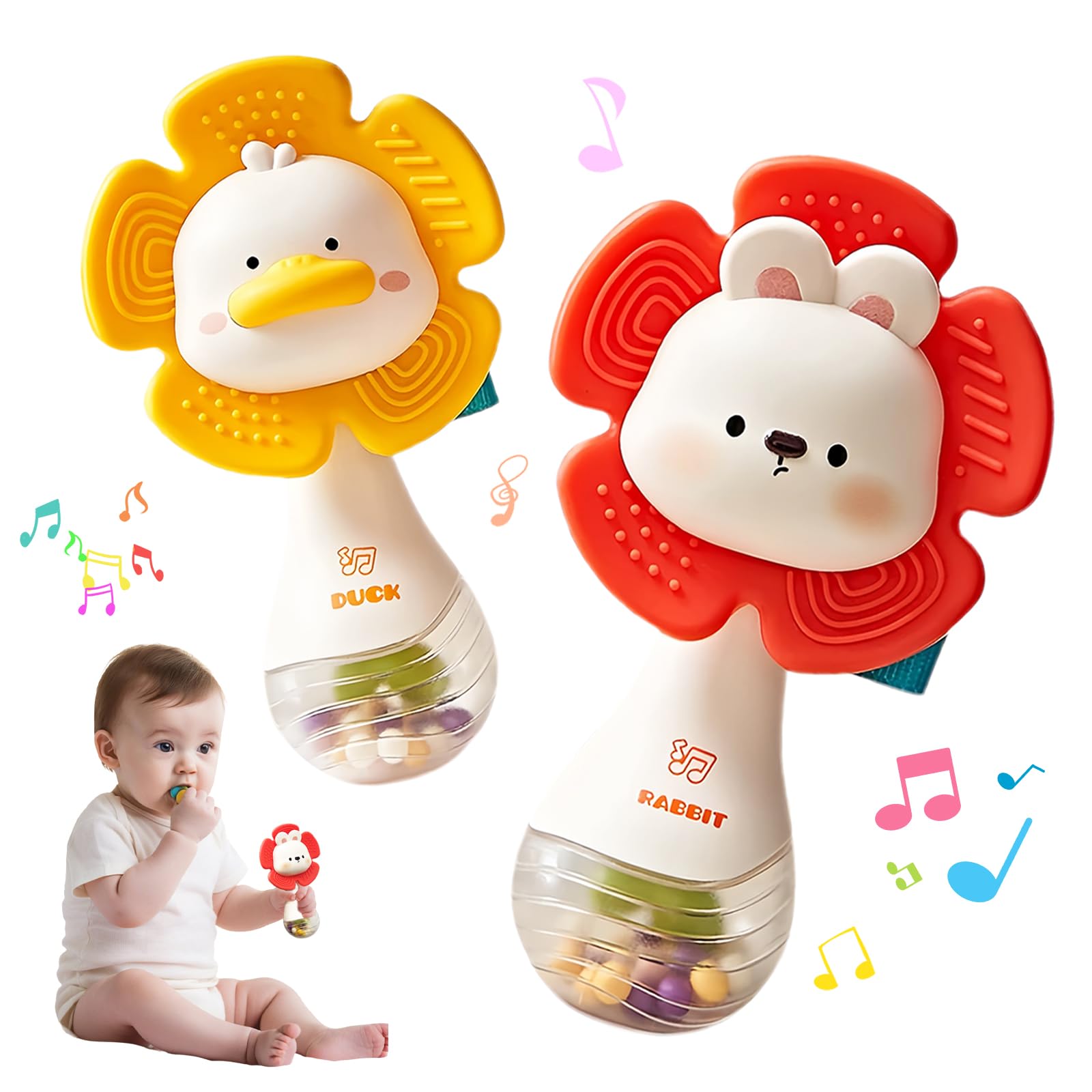 Weirtoya bunny and duck rattle teether for soothing gums and early hearing.