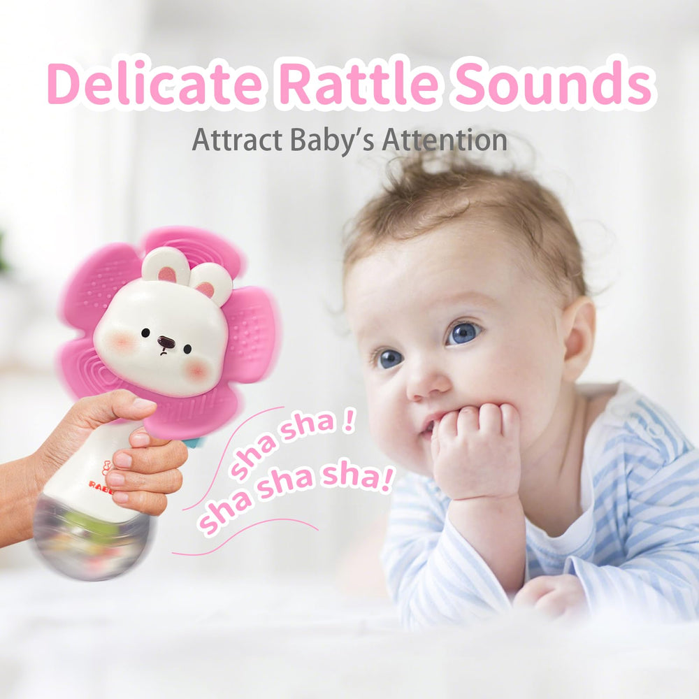 Weirtoya soft silicone rattle teether provides safe, gentle sounds.