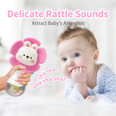 Weirtoya soft silicone rattle teether provides safe, gentle sounds.