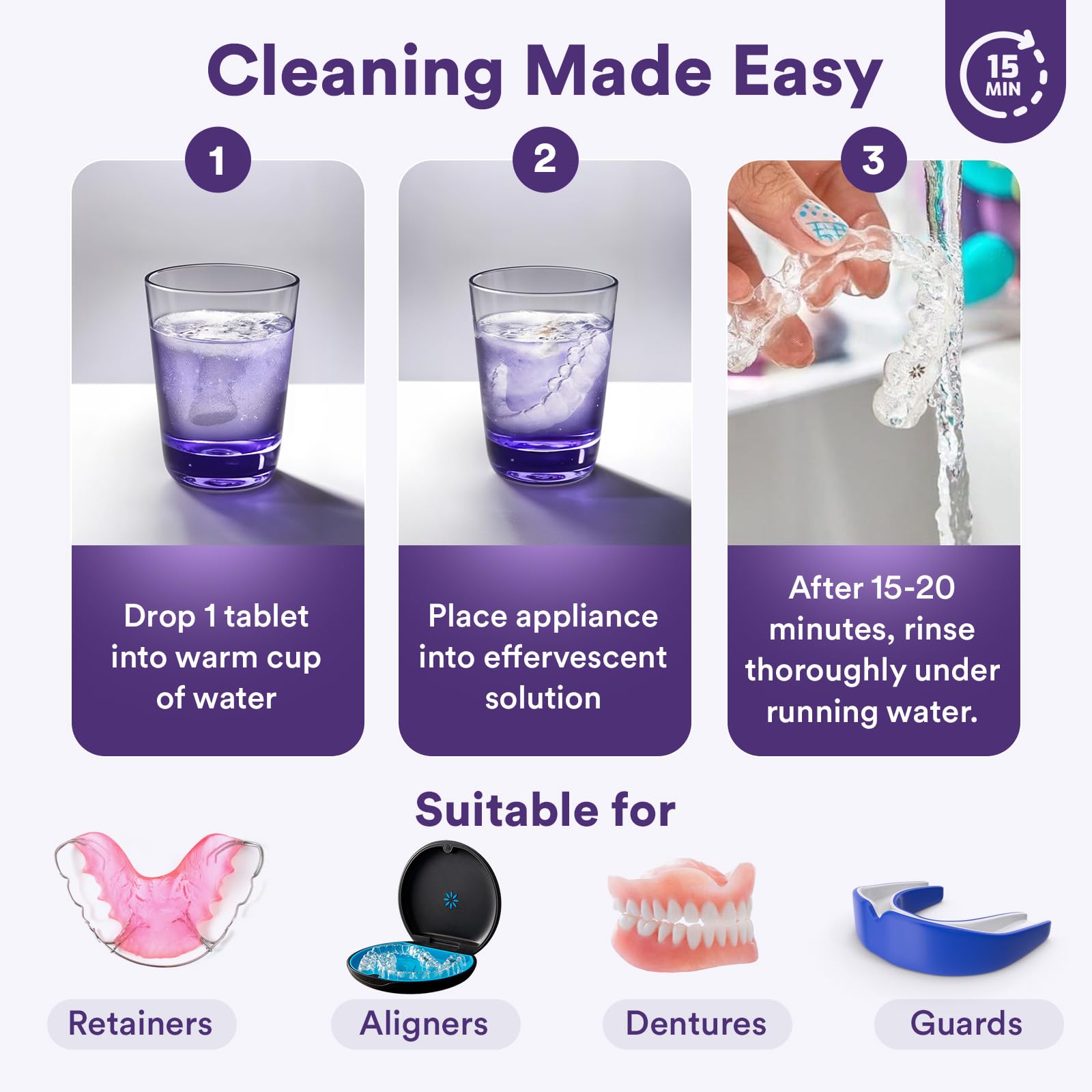 Weiss Naturals persulfate-free formula, safe for all dental appliances.