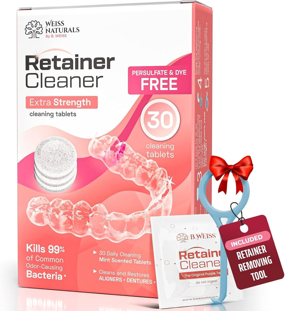 Weiss Naturals retainer cleaner tablet dissolving to banish stains and odors