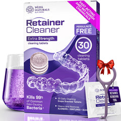 Weiss Naturals retainer cleaner tablets in bottle with grape scent for daily cleaning.