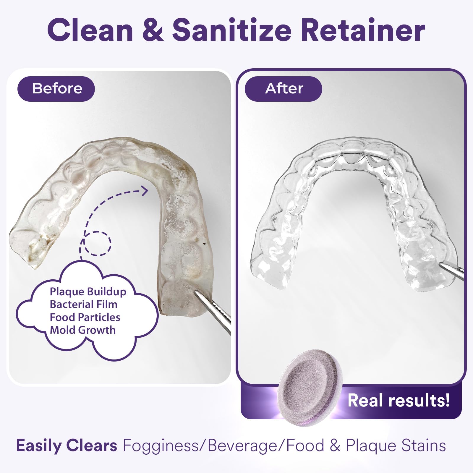 Tablet dissolving in water shows quick cleaning for Invisalign and guards.
