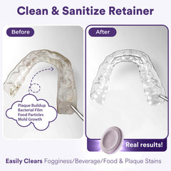 Tablet dissolving in water shows quick cleaning for Invisalign and guards.