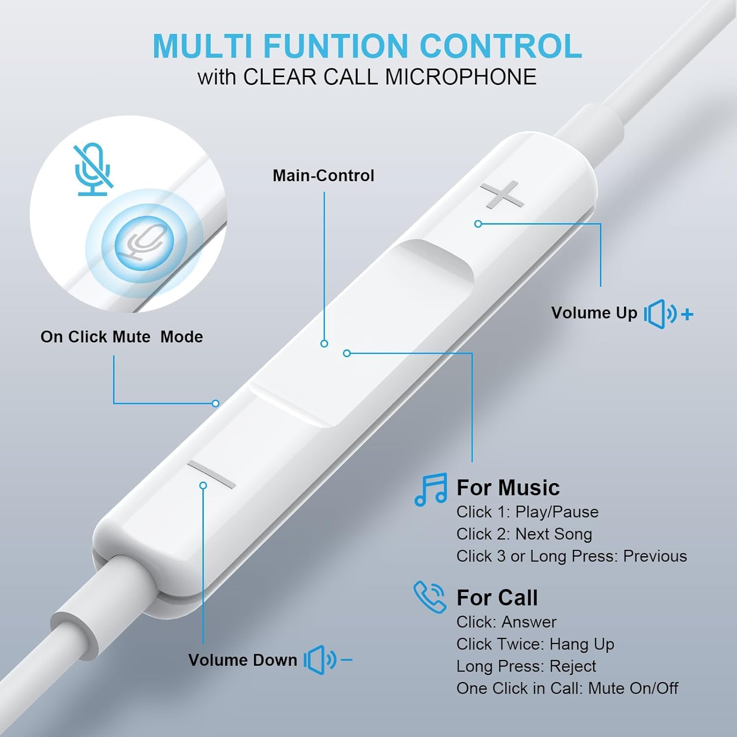 WEIZY Aux Earbuds inline control shown for quick call and track management.