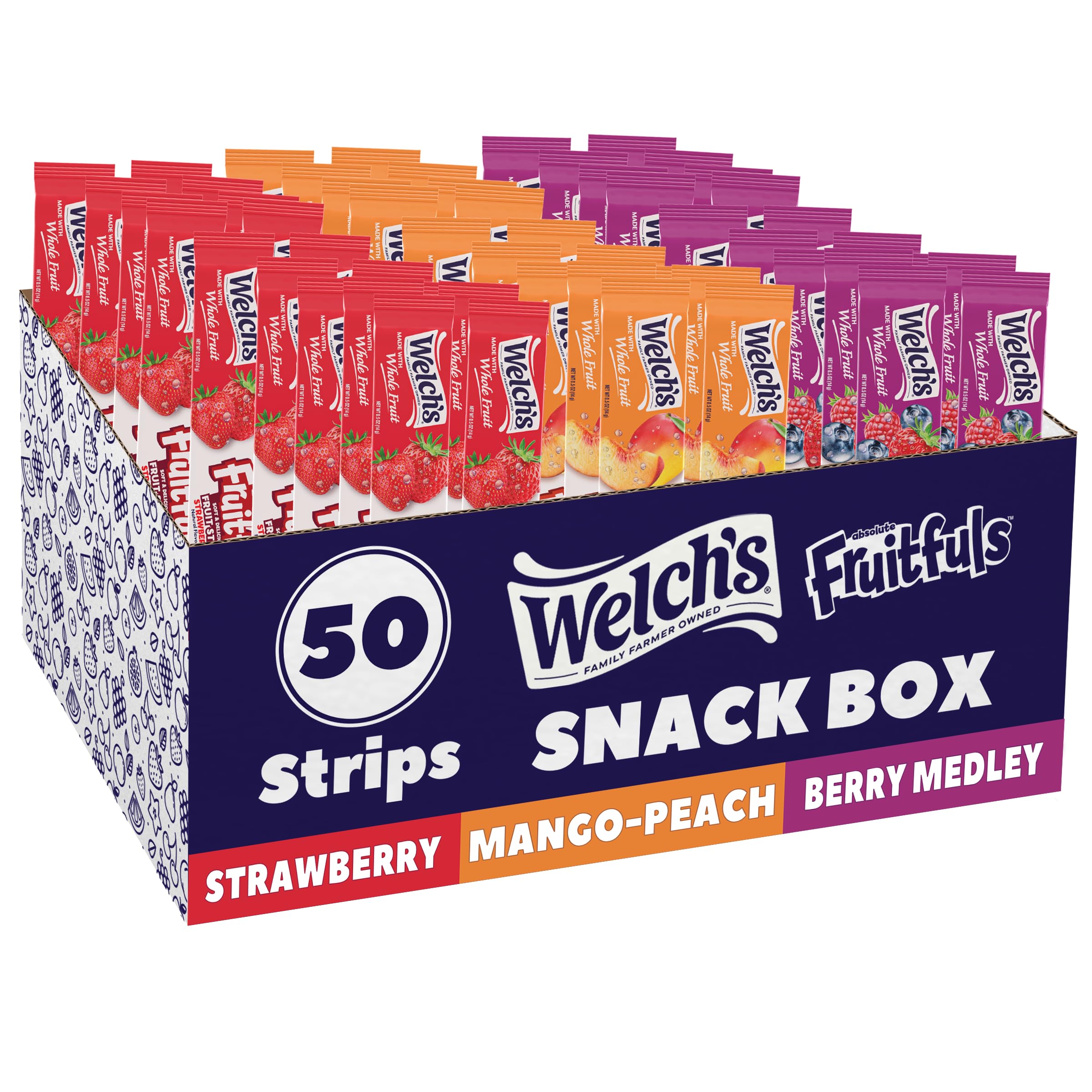 Welch's Absolute Fruitfuls Berry Medley strip, perfect for lunchboxes with natural fruit flavor.