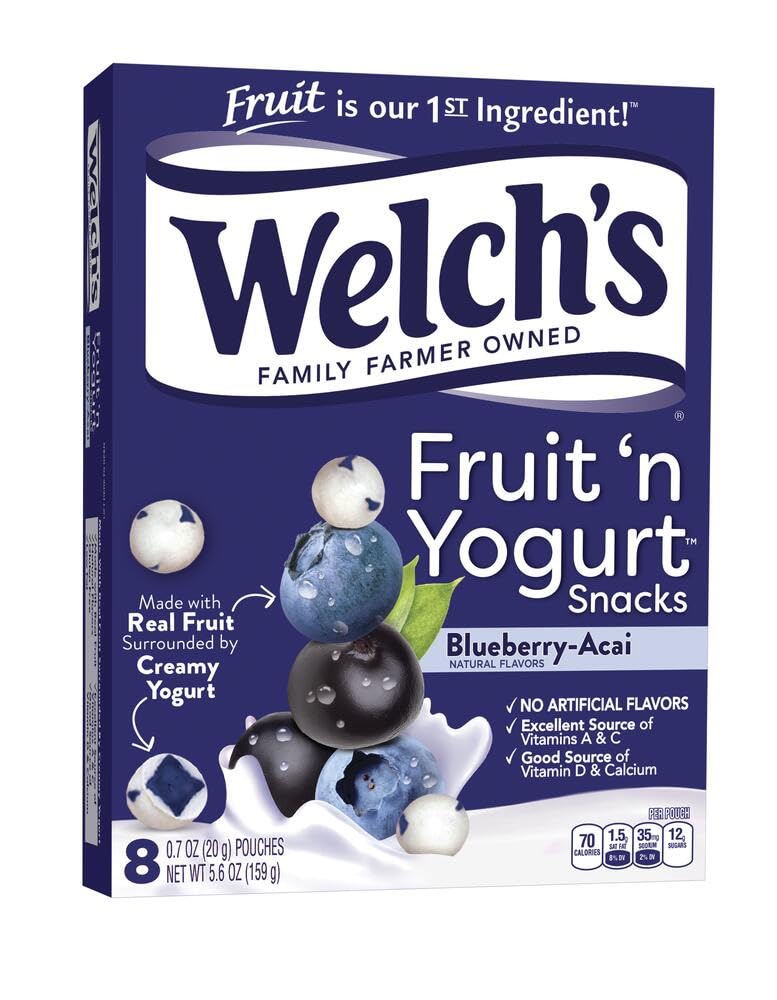 Welch's Blueberry-Acai Fruit 'n' Yogurt Snacks box front for quick snacking on the go.
