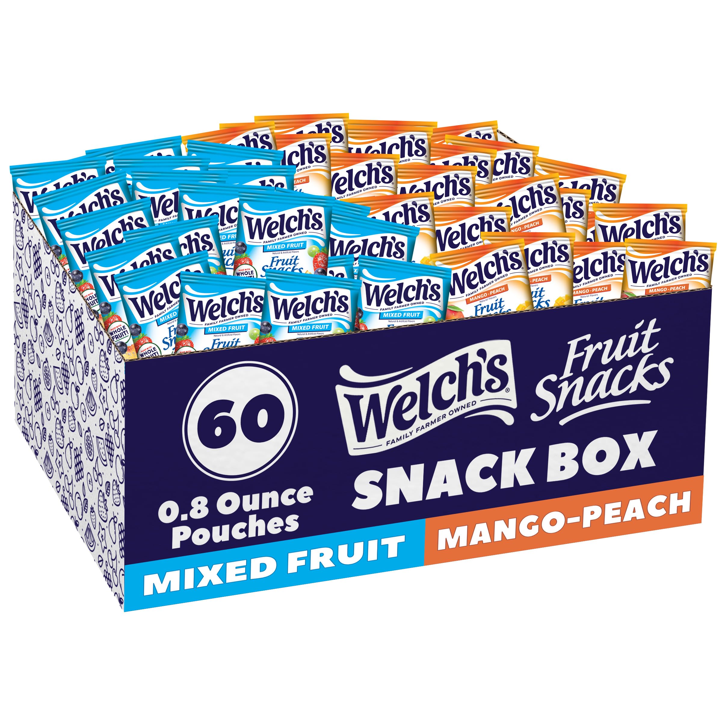 Welch's Fruit Snacks 60-pack box with mixed-fruit shapes for family snacking