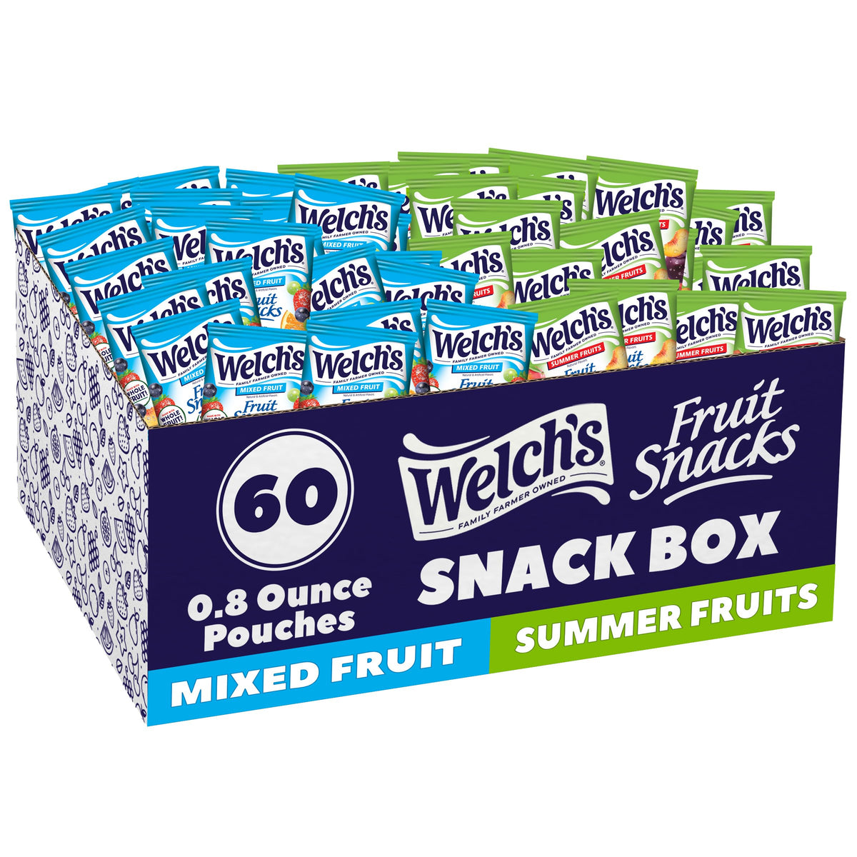 Welch's Fruit Snacks 60-pack box showing mixed and summer fruits for families