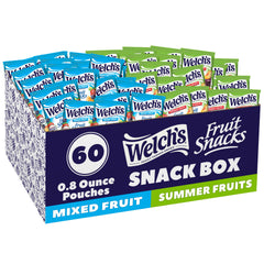 Welch's Fruit Snacks 60-pack box showing mixed and summer fruits for families