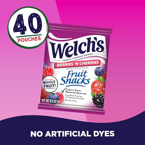 Close-up of Welch's fruit snacks in berry cherry flavor.