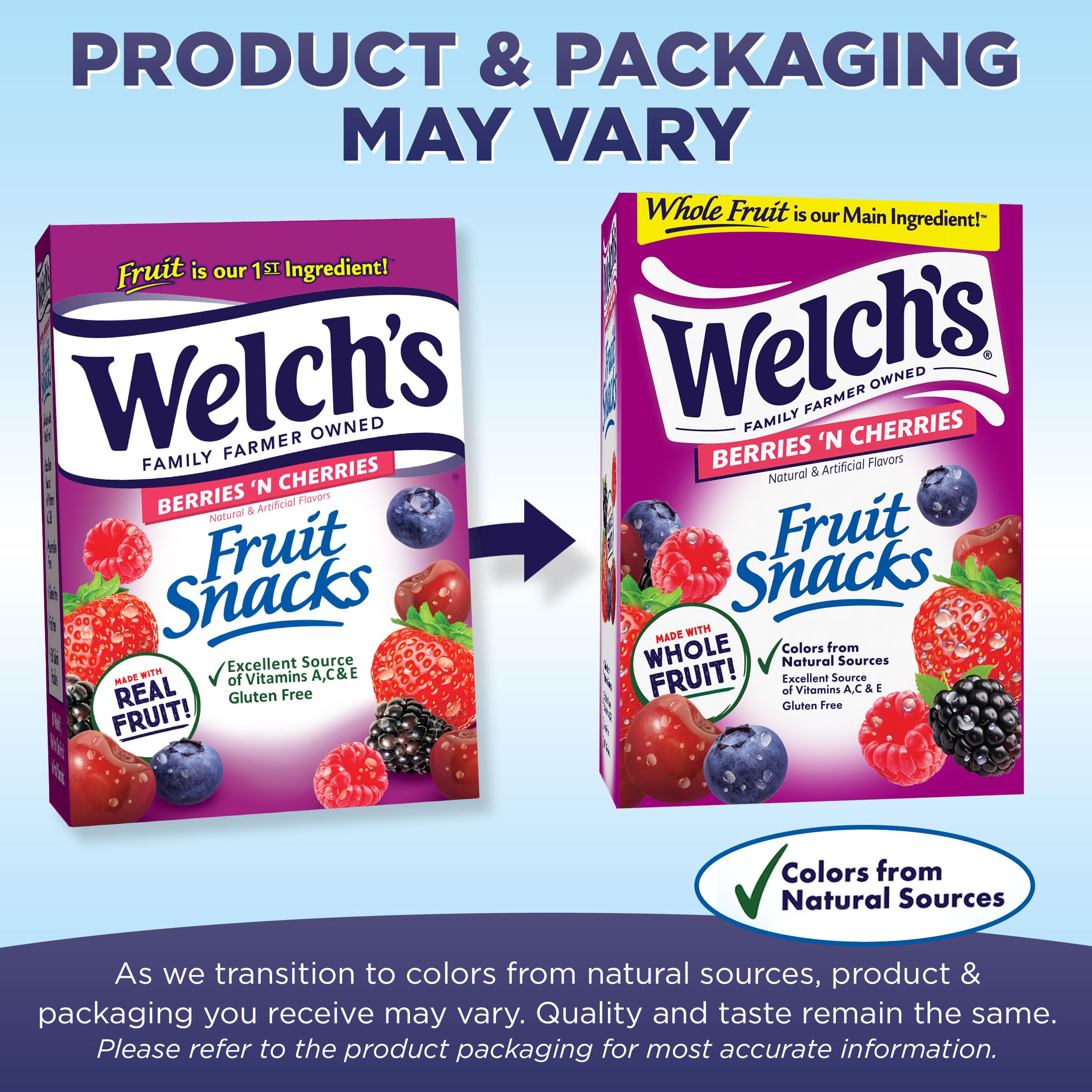 Nutrition panel shows vitamins C, A, and E in Welch's snacks.