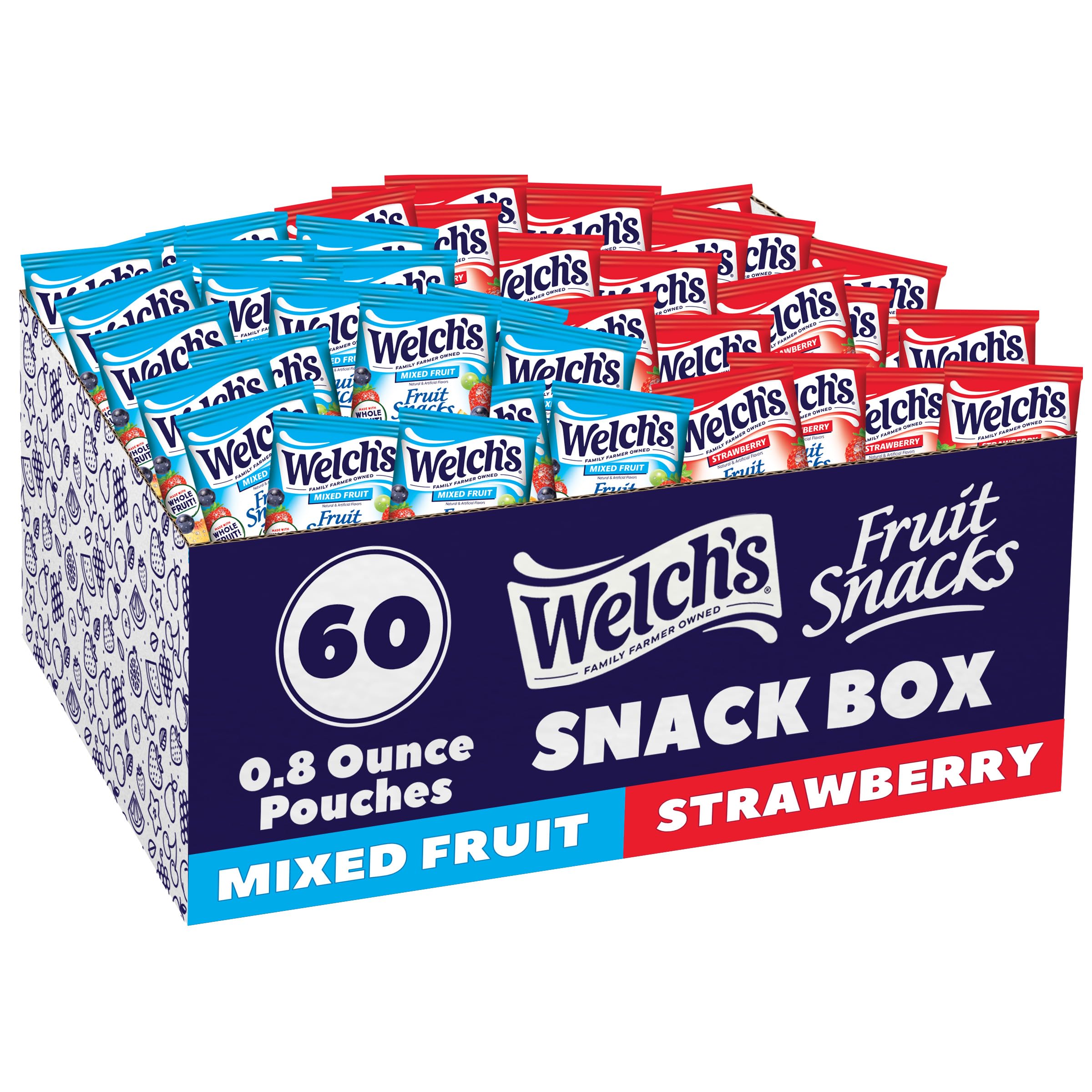 Welch's Fruit Snacks box with 60 packs, ideal for school lunches and on the go.