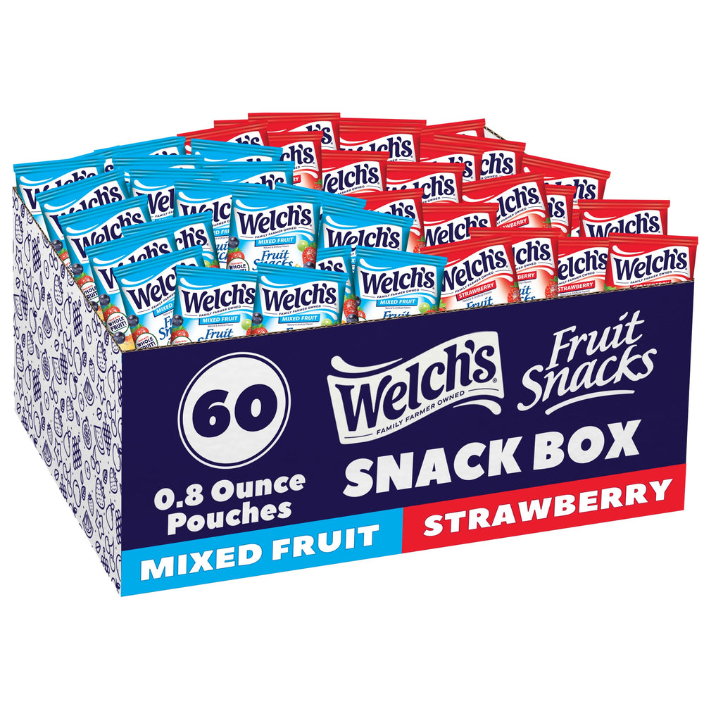 Welch's Fruit Snacks box with 60 packs, ideal for school lunches and on the go.