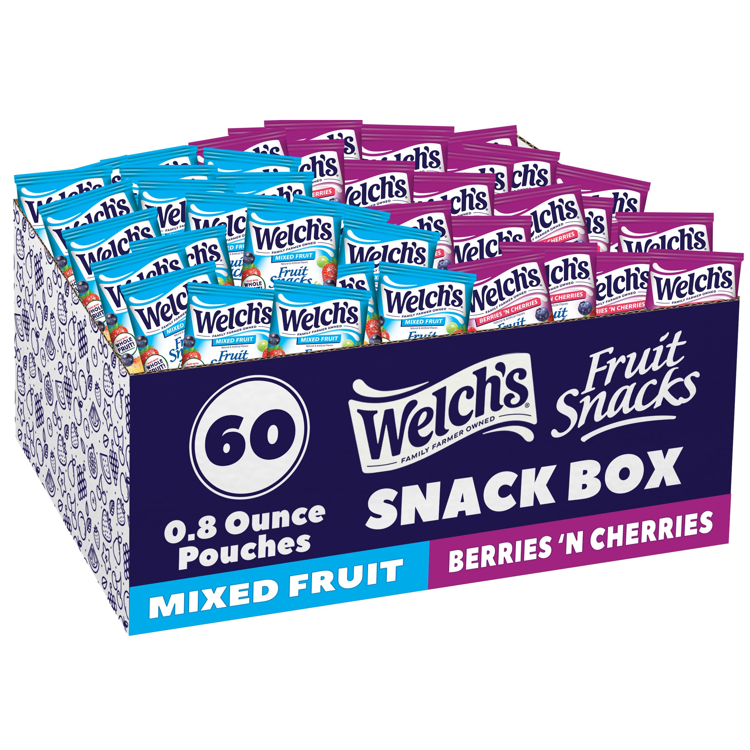 Welch's Fruit Snacks box featuring Mixed Fruit, Berries, and Cherries flavors for on-the-go snacking