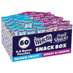 Welch's Fruit Snacks box featuring Mixed Fruit, Berries, and Cherries flavors for on-the-go snacking