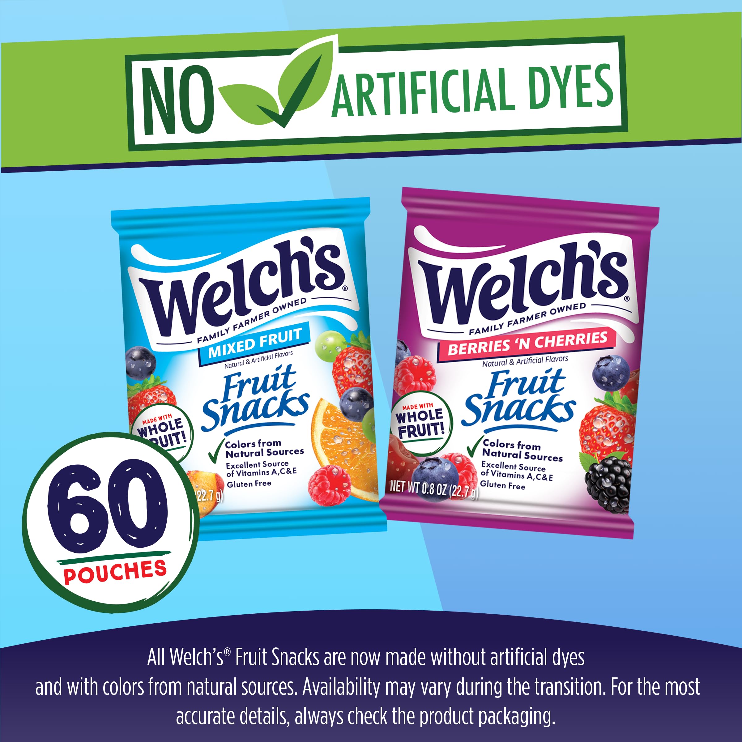 Welch's Fruit Snacks label highlights no artificial dyes and natural colors