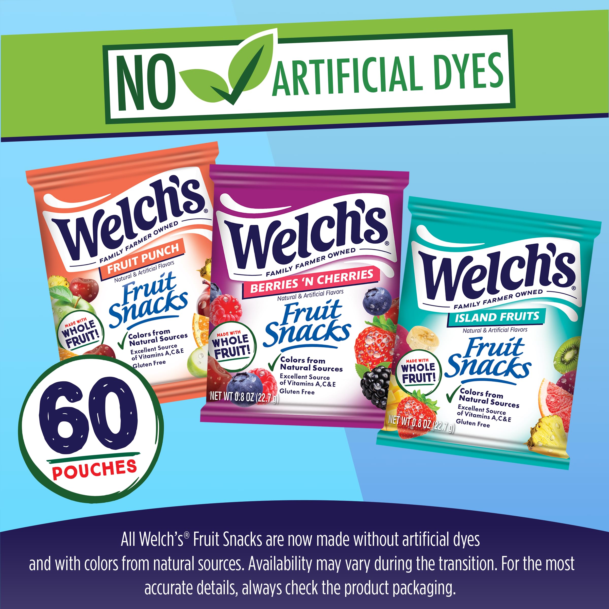 Welch's Fruit Snacks No Artificial Dyes pack, clean ingredients.